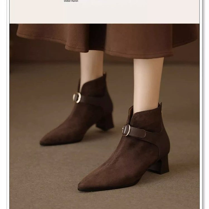 Damen elegante spitze Velours-Ankle-Boots mit mittelhohem Blockabsatz und Zierspange Drune