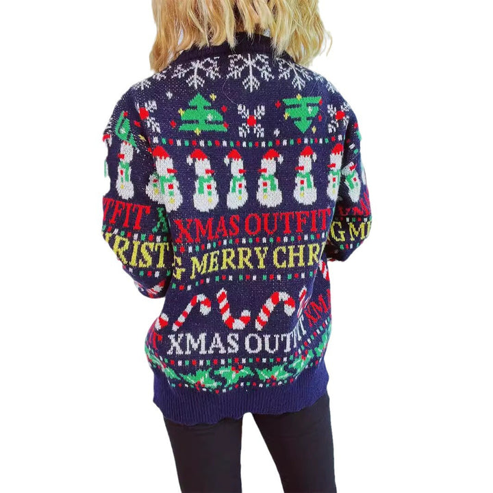 Damen weihnachtlicher Pullover mit bunten Motiven und lustigen Applikationen Drune
