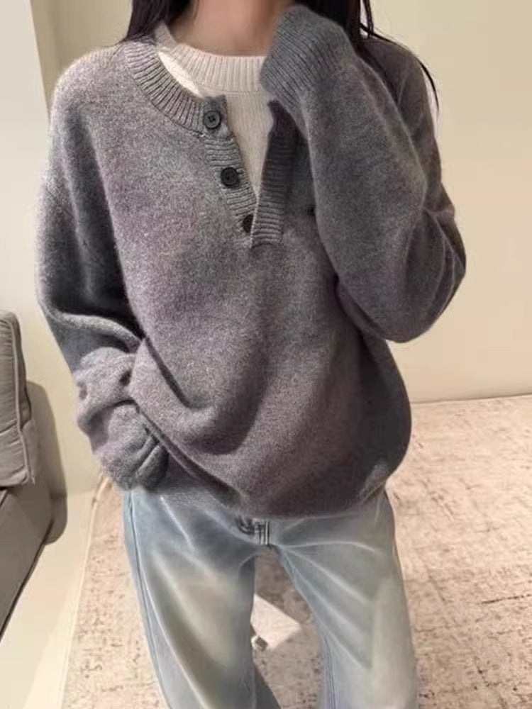 Damen Oversize-Henley-Pullover aus flauschigem Mohair‑Look mit Knopfleiste Drune