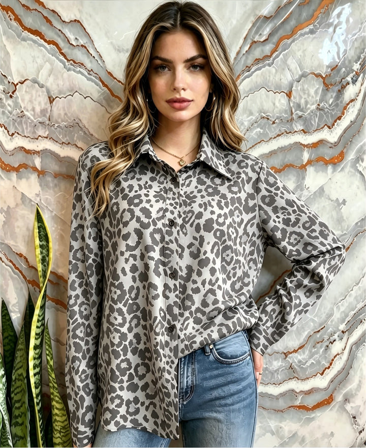 Damen Satin-Leopardenmuster Button-Up Bluse Drune