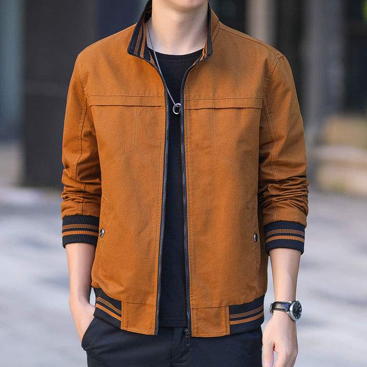 Herren moderner Canvas-Bomberjacke im Worker‑Stil mit gestreiften Rippbündchen und Reißverschluss Drune
