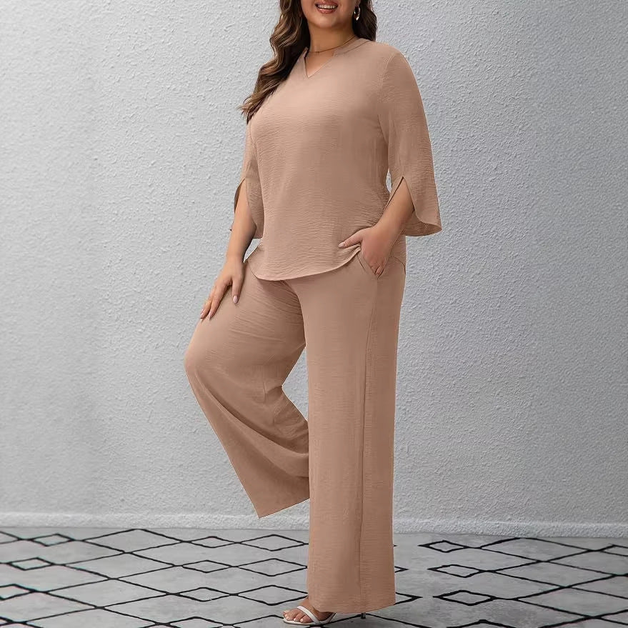 Damen Elegantes Zweiteiliges Palazzo-Set mit V‑Ausschnitt und geschlitzten 3/4‑Ärmeln Drune