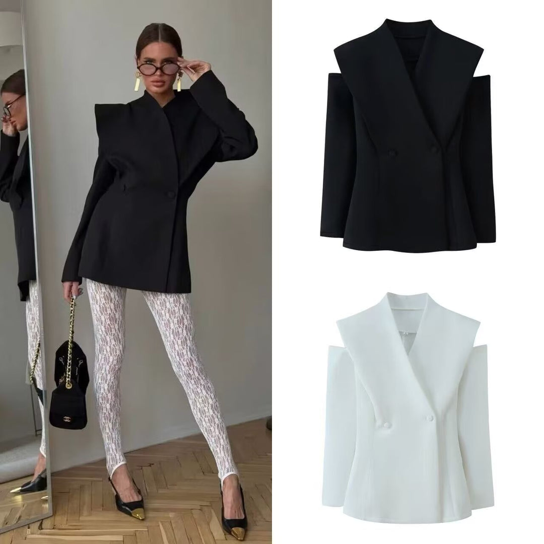 Damen 600+ ärmelloser taillierter Blazer mit weitem Schalkragen und doppelreihiger Knopfleiste Drune
