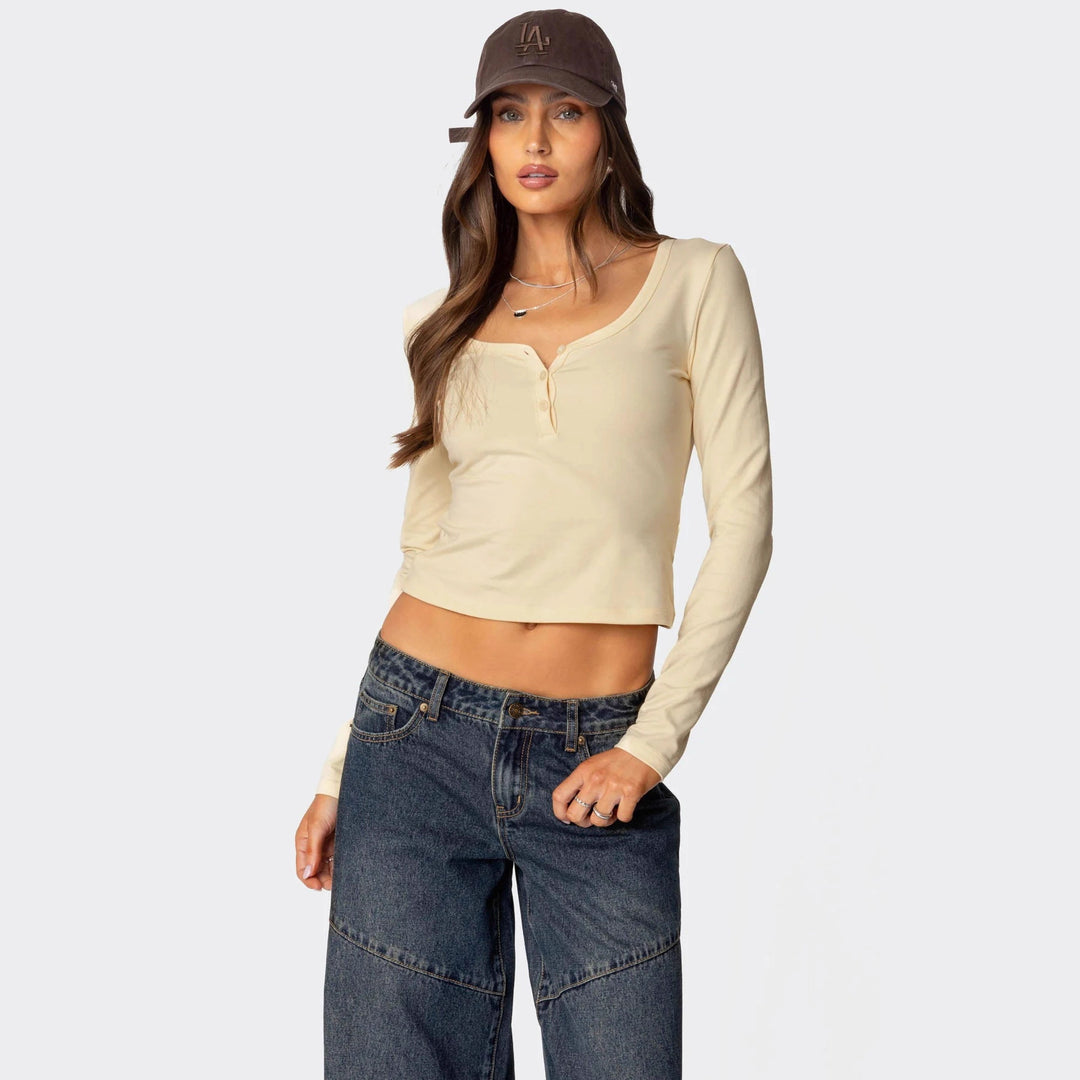 Damen Cropped Langarmhemd mit Knopfleiste und weichem Stoff Drune