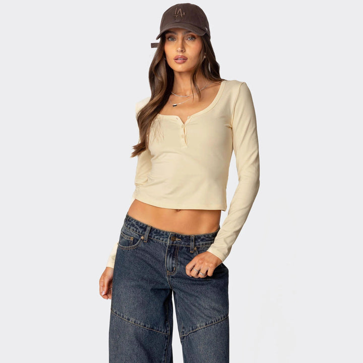 Damen Cropped Langarmhemd mit Knopfleiste und weichem Stoff Drune