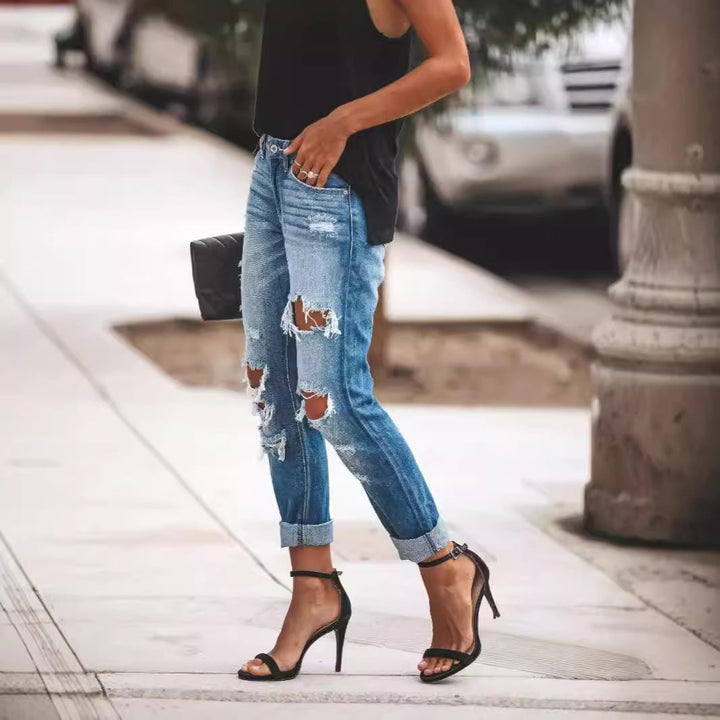 Damen Ripped Boyfriend Jeans mit lässigem Schnitt und fransigen Elementen Drune