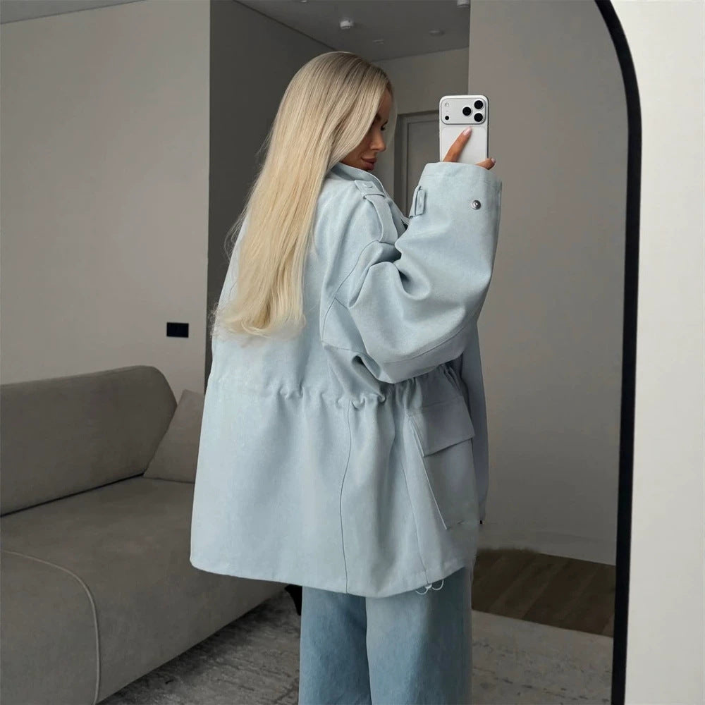 Damen Oversize Utility-Jacke mit Tunnelzugtaillierung, hohem Stehkragen und Pattentaschen Drune