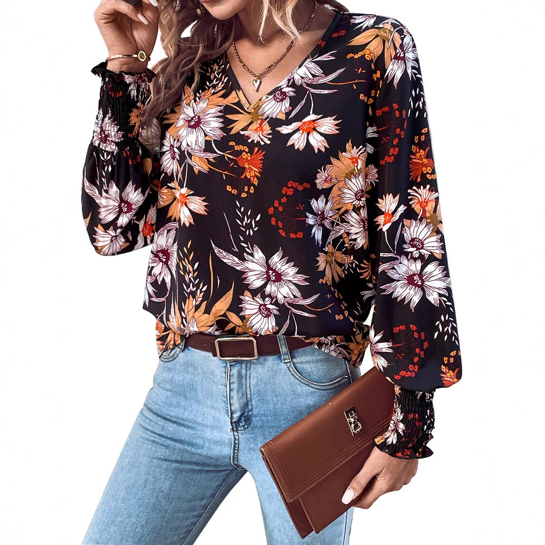Damen Bluse mit floralem Muster und elastischen Rüschendetails Drune