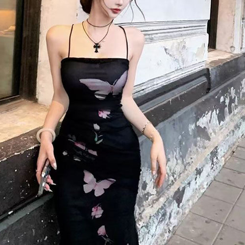 Damen elegantes Wickelkleid mit floralem Schmetterlingsdruck und verstellbaren Spaghetti-Trägern Drune
