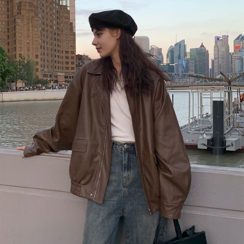 Damen Oversized Lederjacke mit dekorativen Taschen Drune