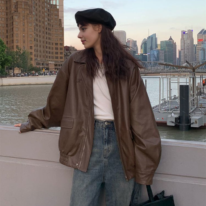 Damen Oversized Lederjacke mit dekorativen Taschen Drune