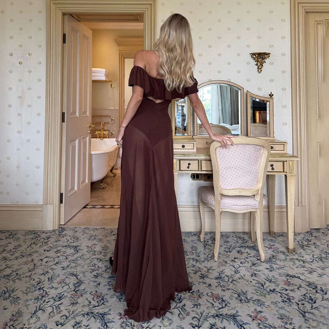 Damen Offshoulder Maxikleid mit voluminösem Rüschensaum Drune