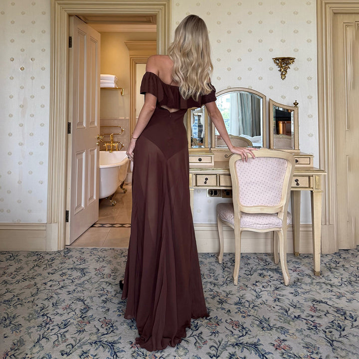 Damen Offshoulder Maxikleid mit voluminösem Rüschensaum Drune