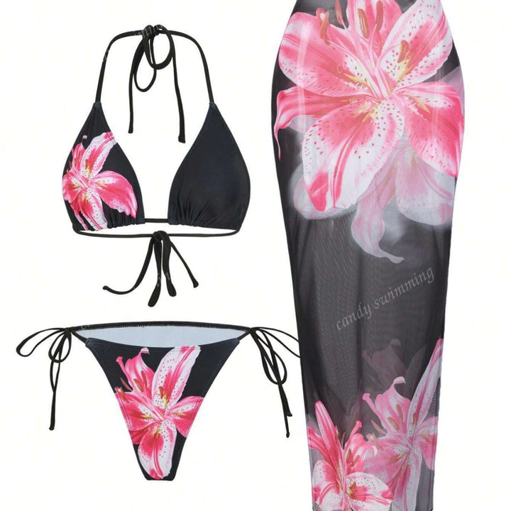 Damen Triangel-Bikini-Set mit floralen Mustern und transparentem Maxirock Drune