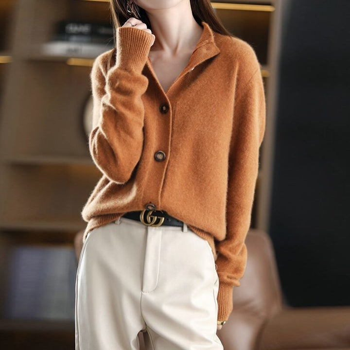 Damen eleganter und komfortabler Strickpullover mit großen Knöpfen Drune