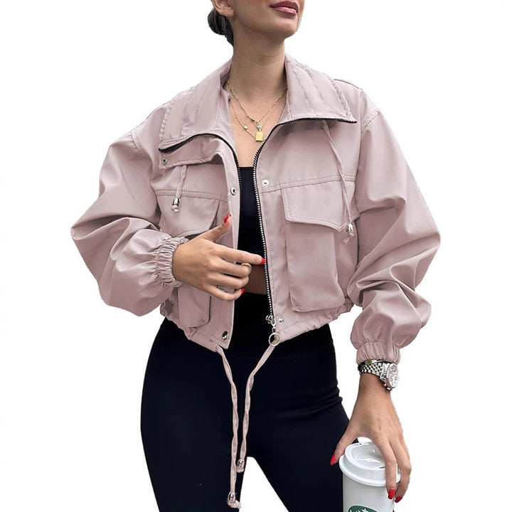 Damen kurze Utility-Jacke mit Kordelzug, Reißverschluss und aufgesetzten Taschen Drune