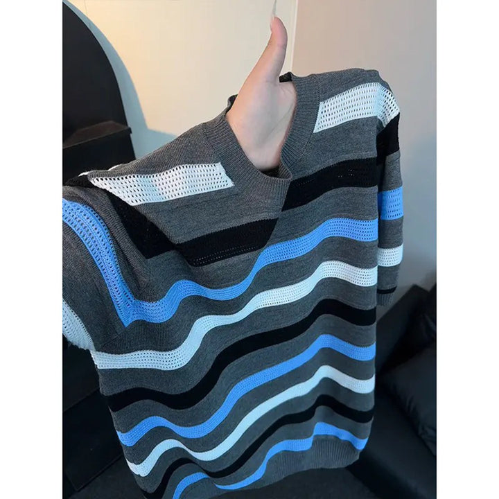 Damen Modernes Kurzarm Strickoberteil mit Wellenmuster Drune