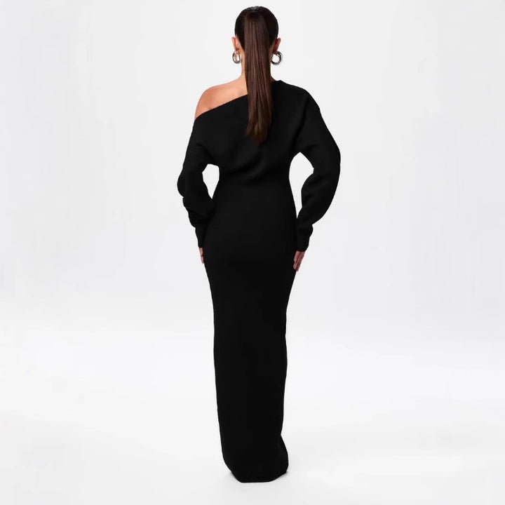 Damen One-Shoulder Maxi Strickkleid mit Übergroßen Ärmeln Drune