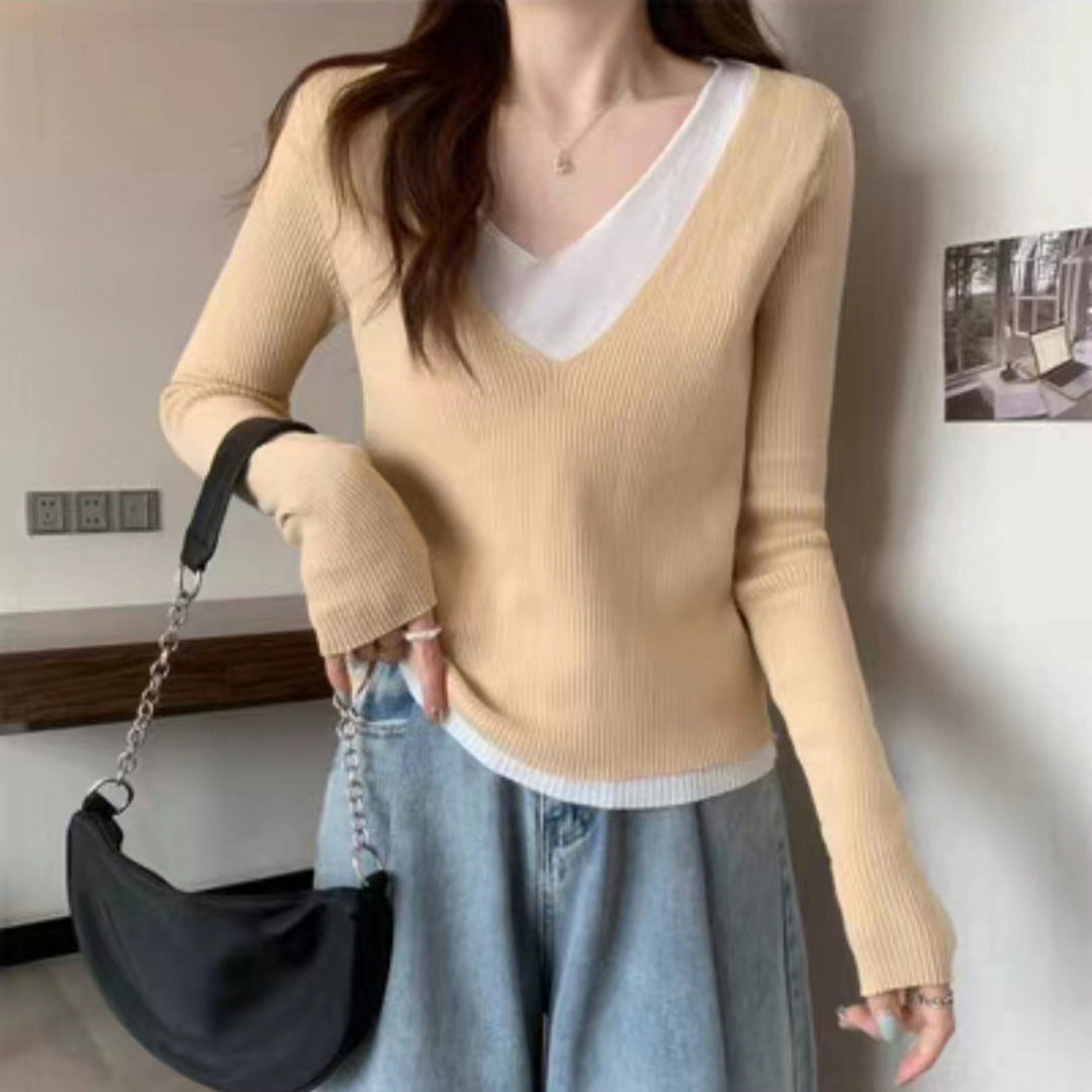 Damen Strickpullover mit V-Ausschnitt und eleganten Rippdetails Drune