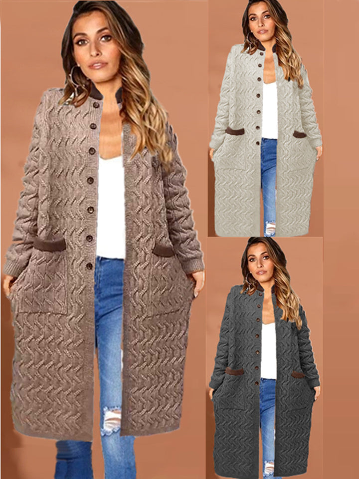 Damen Langer Strickcardigan mit Zopfmuster und praktischen Taschen Drune