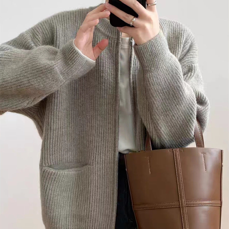 Damen lässige Strickjacke mit Reißverschluss und großen Taschen Drune