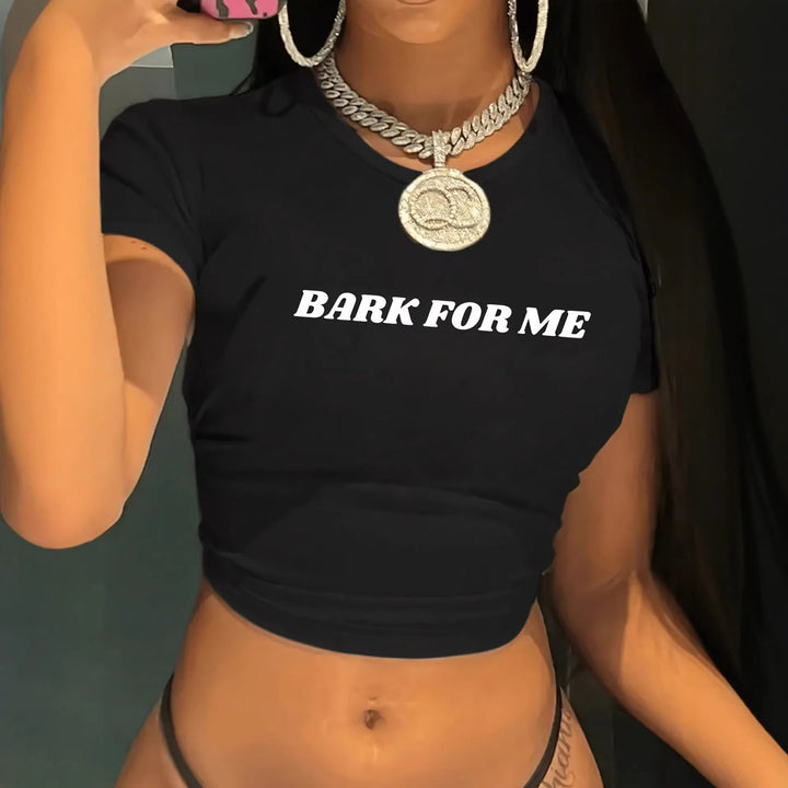 Damen Kurzarm Crop-T-Shirt mit auffälligem Schriftzug Drune