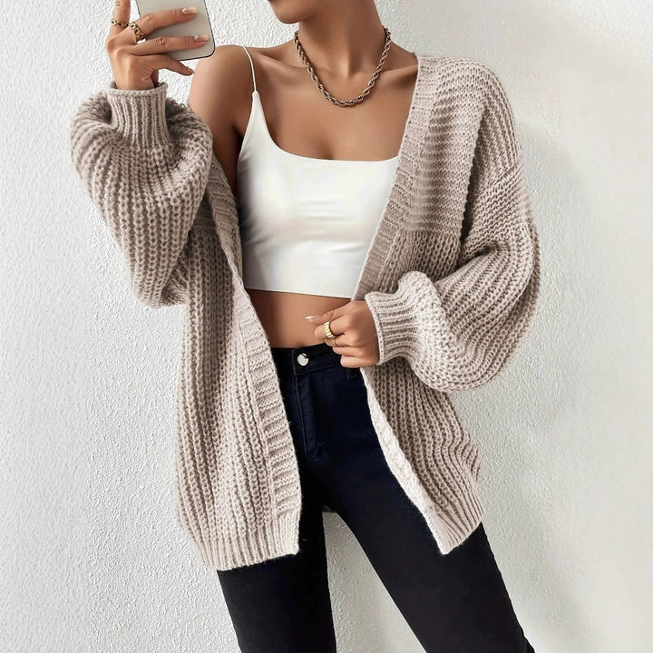 Damen nan Oversize-Strickcardigan mit grobem Waffelstrick, offener Front und voluminösen Ballonärmeln Drune