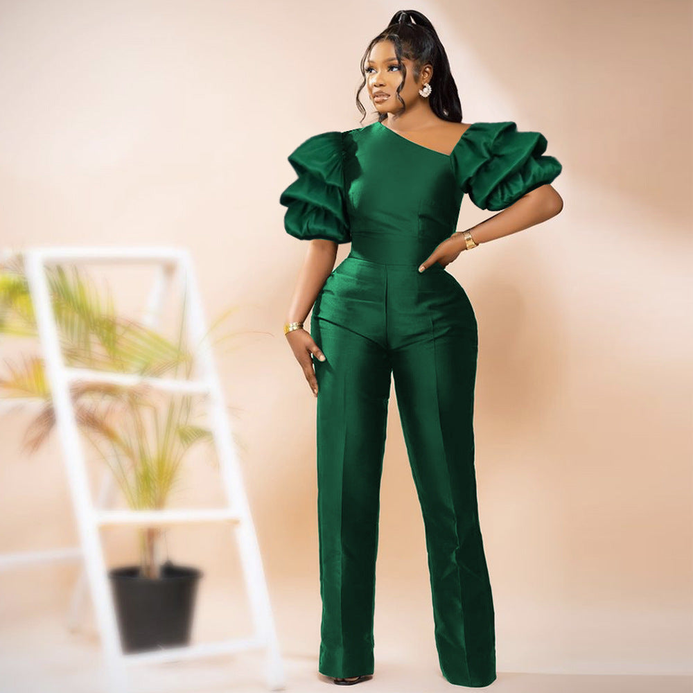 Damen Eleganter Jumpsuit mit asymmetrischen Puffärmeln Drune