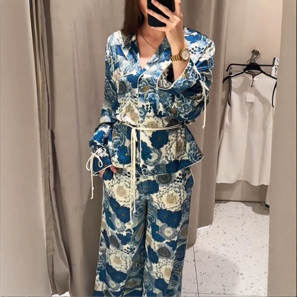 Damen Zweiteiliges florales Jacquard-Loungewear-Set mit Taillengürtel, Paspelierung und Bindärmeln Drune