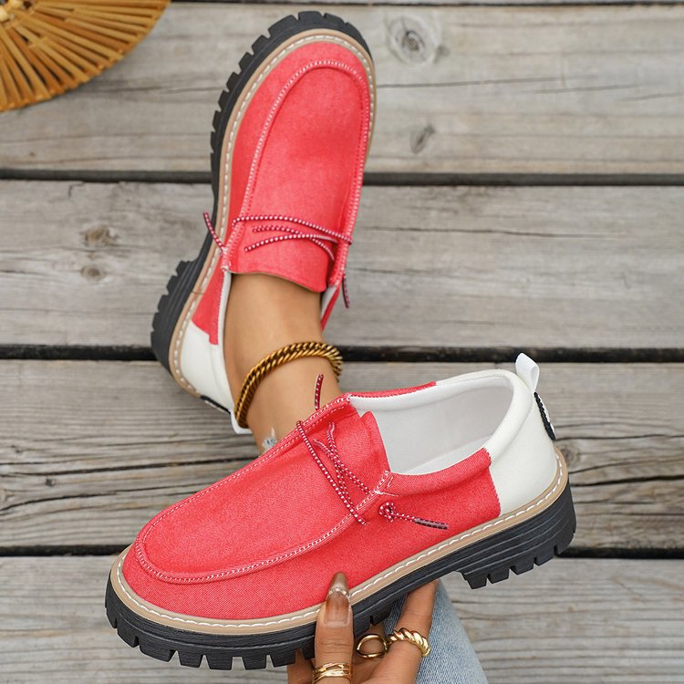 Damen Modische Slipper-Loafer mit grober Profilsohle, Canvas-Obermaterial und dekorativer Kordel Drune