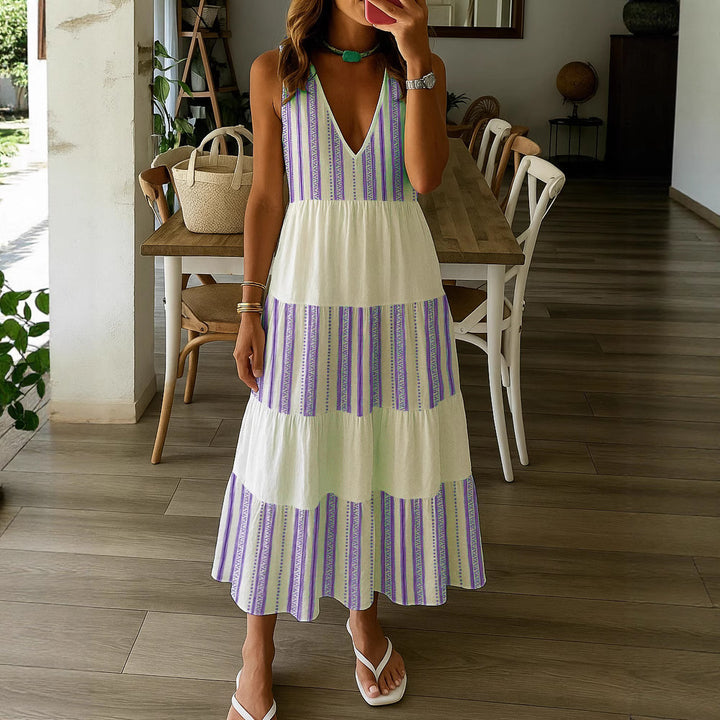 Damen Sommerliches Maxikleid mit tiefem V-Ausschnitt und breitem Rock Drune
