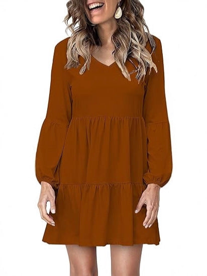 Damen Stufiges Mini-Kleid mit V-Ausschnitt und Ballonärmeln Drune