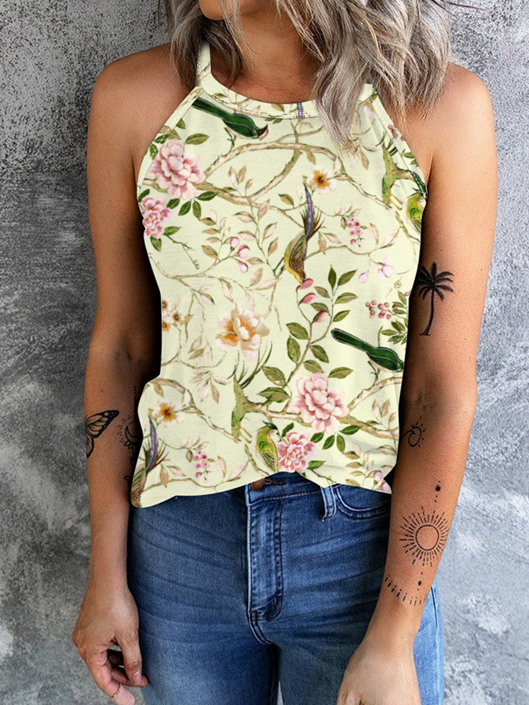 Drune | Vintage Floral Plant Pattern Slim Fit Tank Top