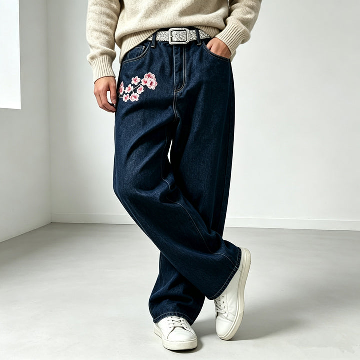 Herren Modische Weit geschnittene Denim-Hose mit Blumenstickerei Drune