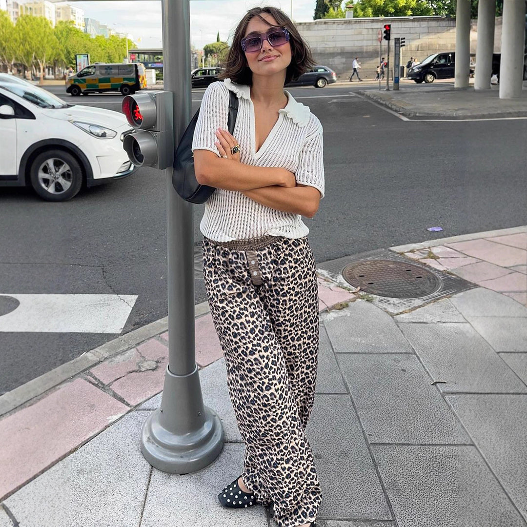 Damen lässige Palazzo-Hose mit Leopardenmuster und elastischem Bund Drune