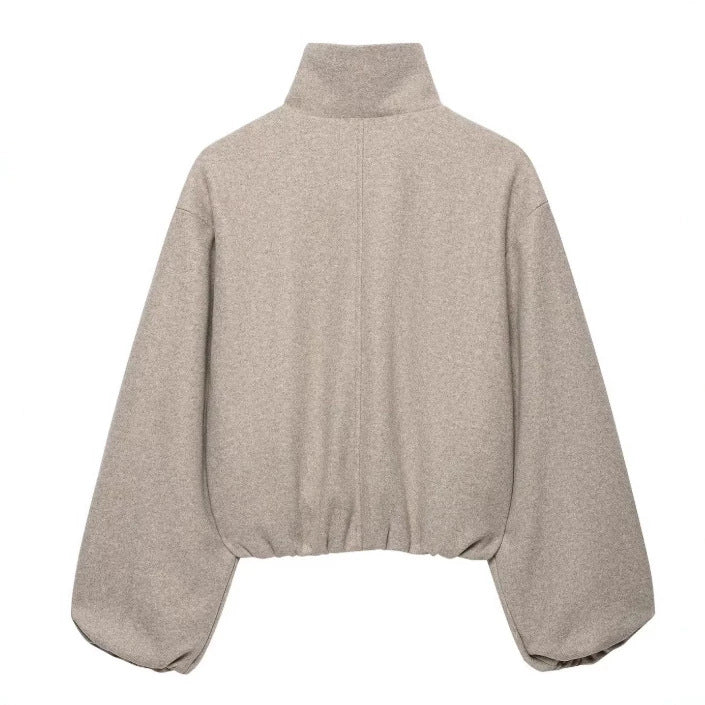 Damen Kurz geschnittene Wollmix-Jacke mit Stehkragen, Reißverschluss und Ballonärmeln Drune