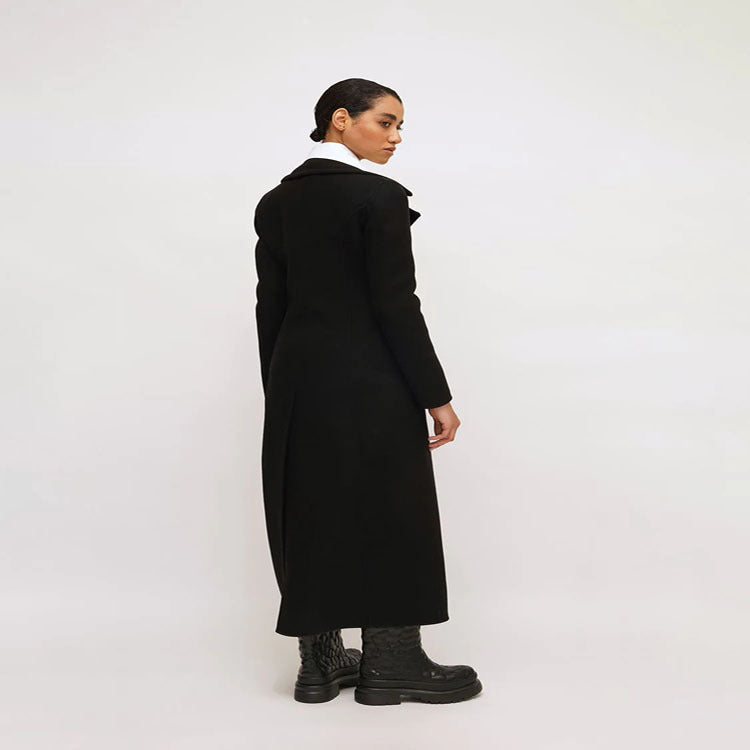 Damen Eleganter bodenlanger Wollmix‑Longcoat im Clean‑Cut Doppelreiher mit strukturierter Schulterpartie Drune