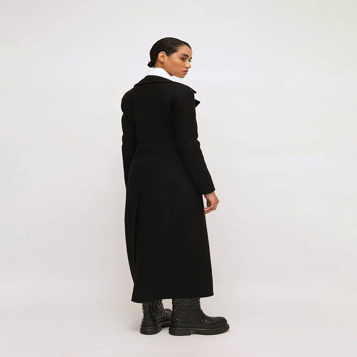 Damen Eleganter bodenlanger Wollmix‑Longcoat im Clean‑Cut Doppelreiher mit strukturierter Schulterpartie Drune