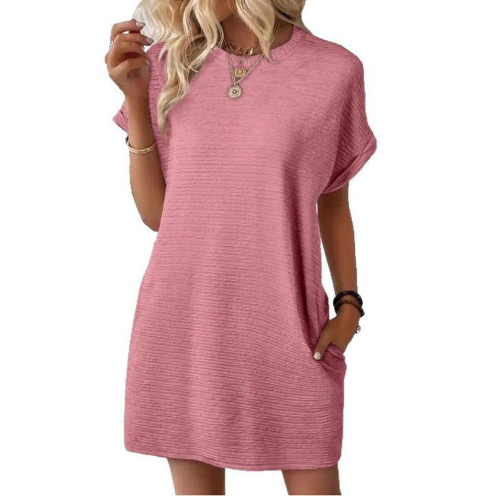 Damen lässiges Kurzarmkleid mit strukturiertem Stoff und seitlichen Taschen Drune