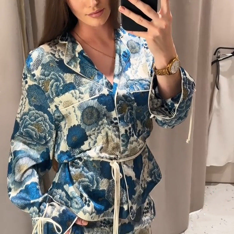 Damen Zweiteiliges florales Jacquard-Loungewear-Set mit Taillengürtel, Paspelierung und Bindärmeln Drune