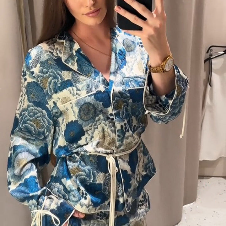 Damen Zweiteiliges florales Jacquard-Loungewear-Set mit Taillengürtel, Paspelierung und Bindärmeln Drune
