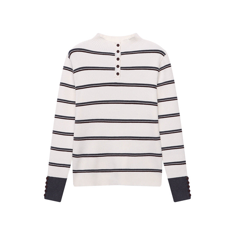 Damen hochwertiger Strickpullover im modernen Streifenlook mit Knopfleiste Drune