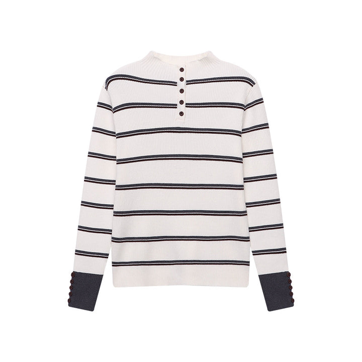 Damen hochwertiger Strickpullover im modernen Streifenlook mit Knopfleiste Drune