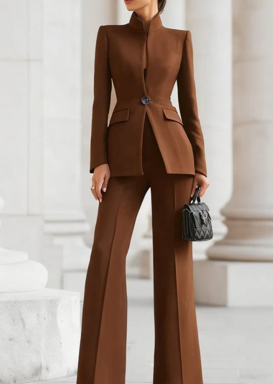 Damen Taillierter Blazer mit Stehkragen und High‑Waist ausgestellte Hose Drune