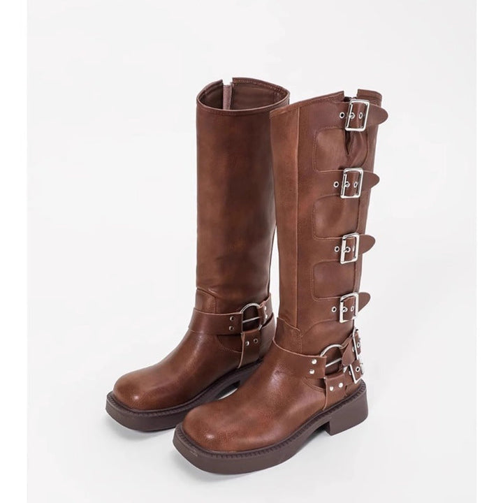 Damen Stiefel mit modischen Schnallen und robustem Blockabsatz Drune