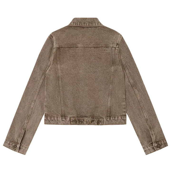 Damen kurze Vintage-Denimjacke mit Brusttaschen, Reißverschluss-Detail und Knopfleiste Drune