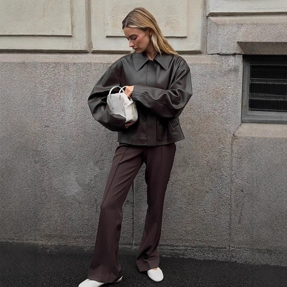 Damen modische Kunstlederjacke mit oversized Design Drune