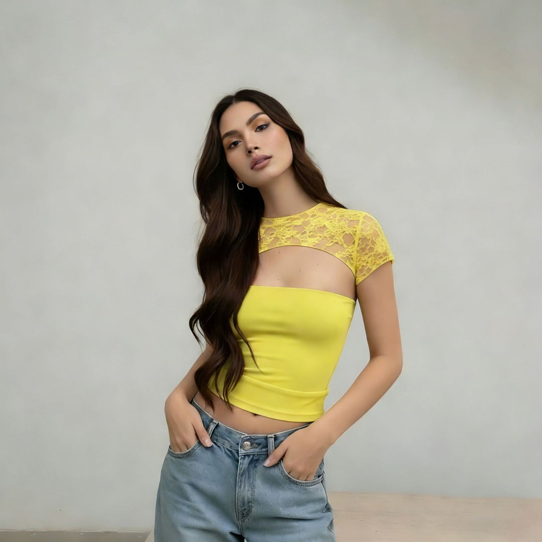 Damen Crop-Top mit Spitzenärmel und figurbetontem Schnitt Drune