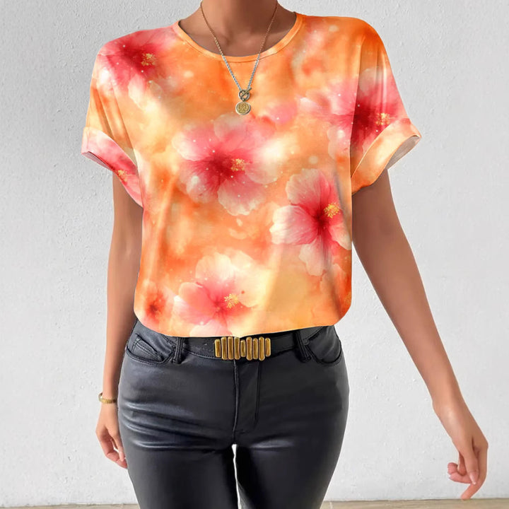 Damen nan lockeres Kurzblusen-Shirt in Seidenoptik mit Aquarellblütenprint und Umschlagärmeln Drune
