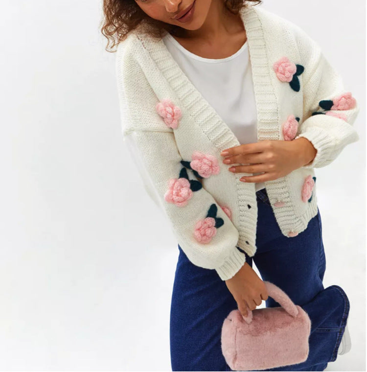 Damen Geblümter Strick-Cardigan mit 3D-Blumenapplikationen und V-Ausschnitt Drune